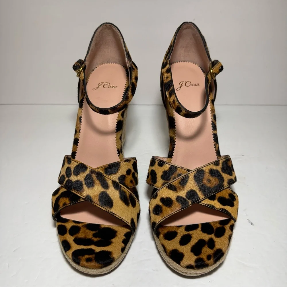 New J. CREW Leopard Print Calf Hair Tan Black Wedge Espadrille Sandals Size 9.5